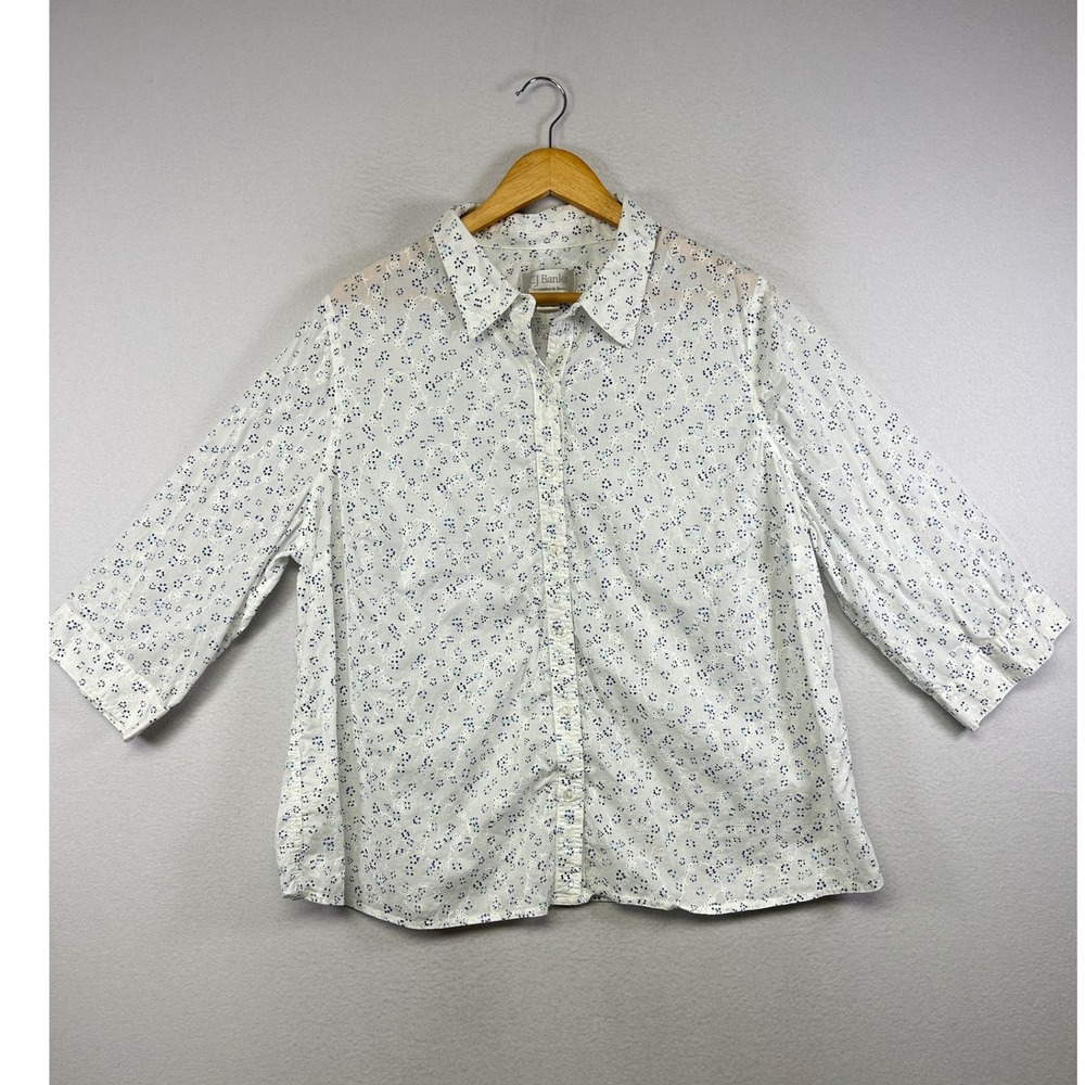 Cottagecore C.J. Banks‎ Women 2X White Blue Eyelet Floral 3/4 Sleeve Button Down
